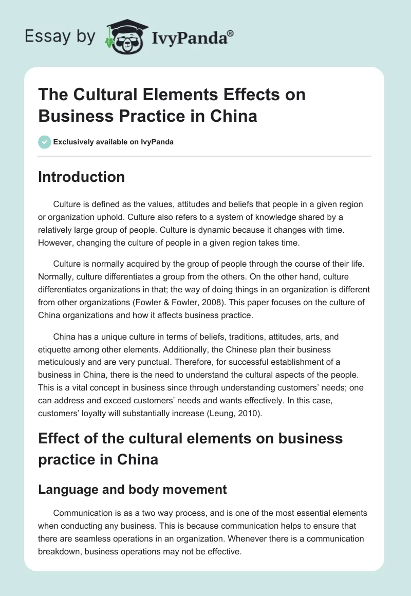 The Cultural Elements Effects on Business Practice in China. Page 1