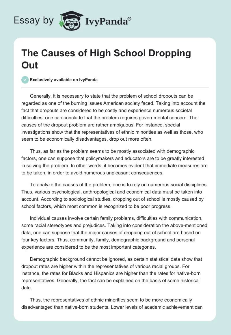 The Causes of High School Dropping Out. Page 1