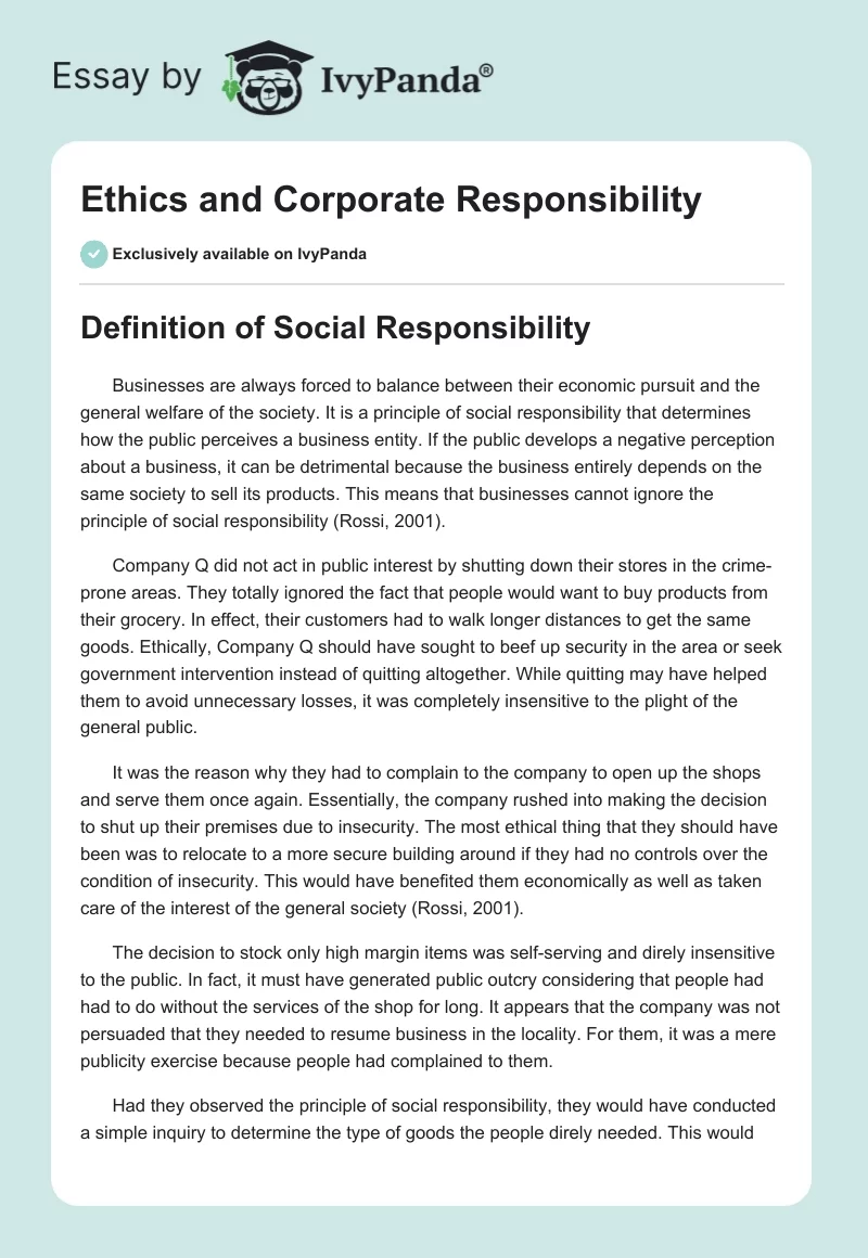 Ethics and Corporate Responsibility. Page 1