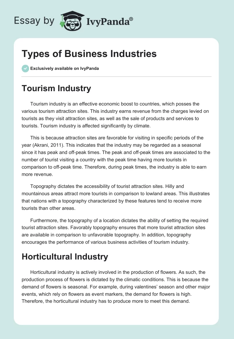 Types of Business Industries. Page 1