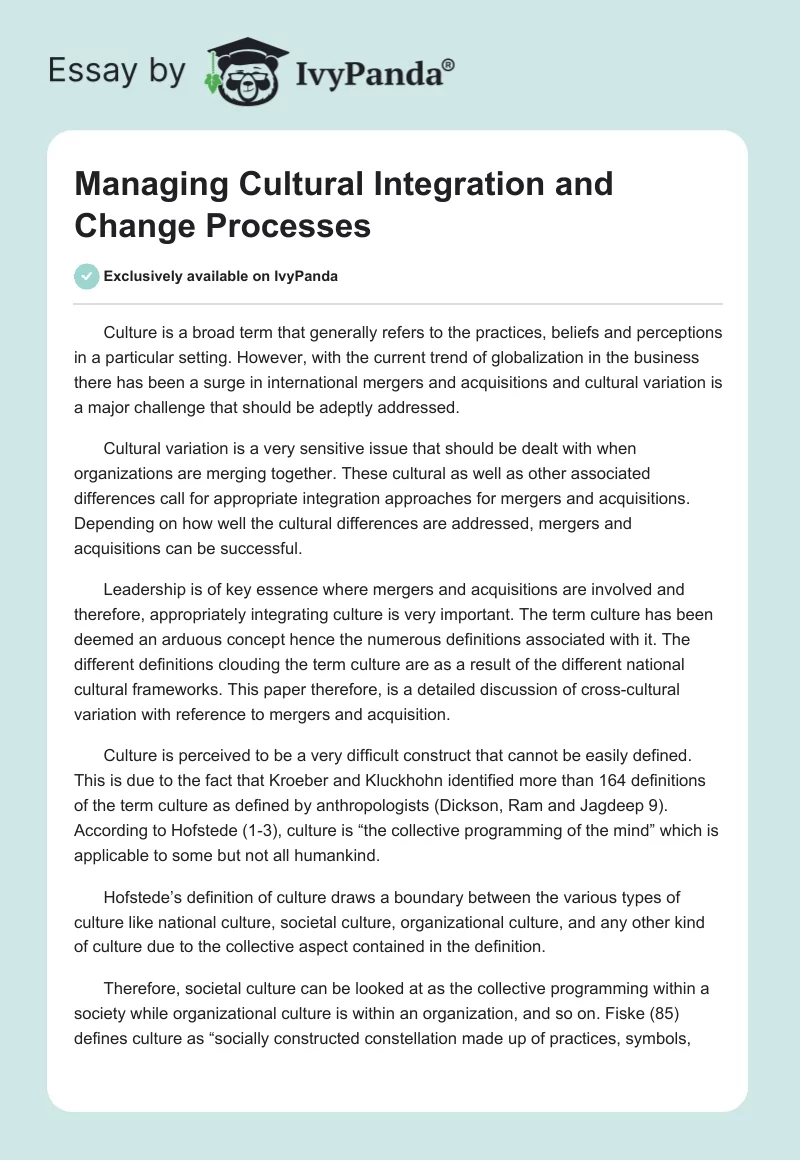Managing Cultural Integration and Change Processes. Page 1