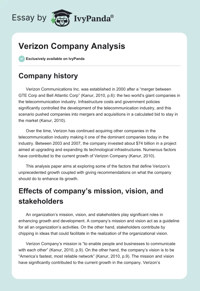 Verizon Company Analysis. Page 1