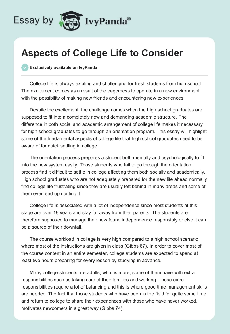 Aspects of College Life to Consider. Page 1