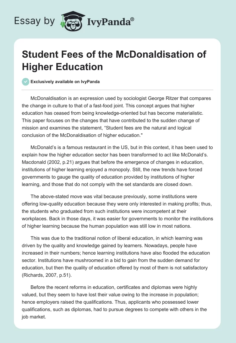 Student Fees of the McDonaldisation of Higher Education. Page 1