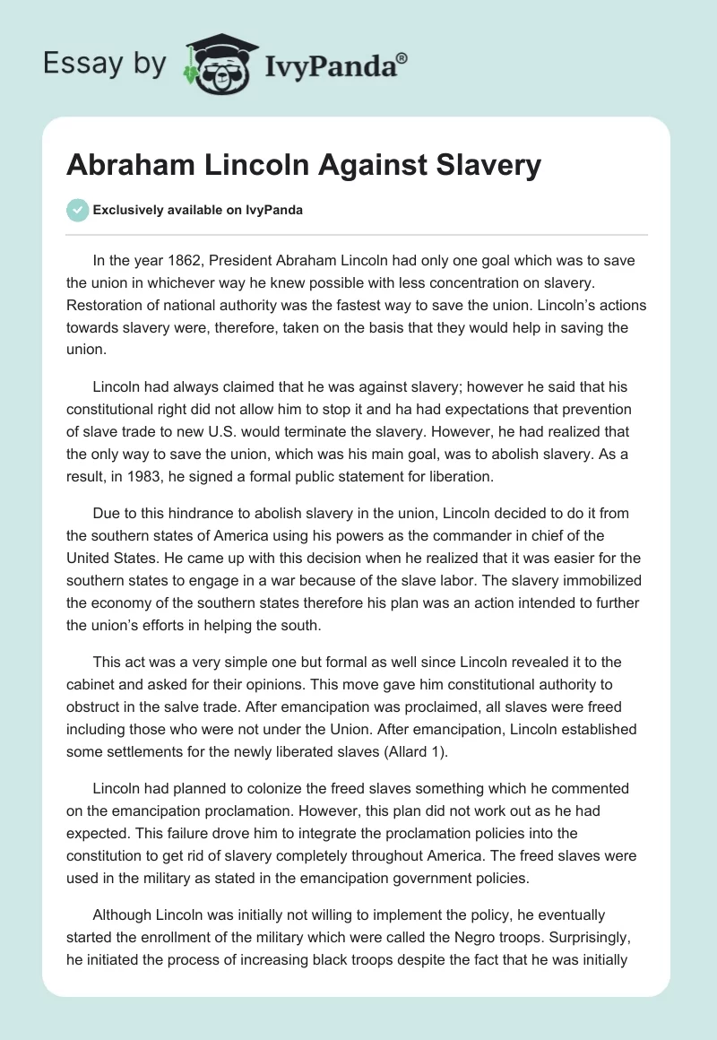 Abraham Lincoln Against Slavery. Page 1