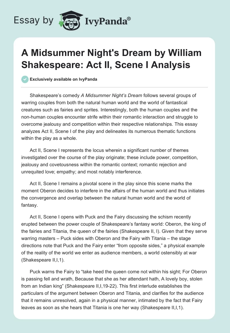 "A Midsummer Night's Dream" by William Shakespeare: Act II, Scene I Analysis. Page 1