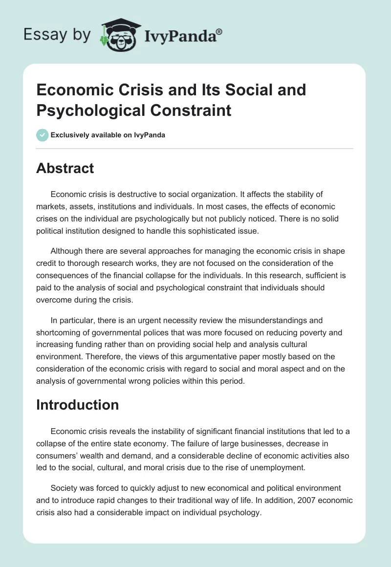 Economic Crisis and Its Social and Psychological Constraint. Page 1