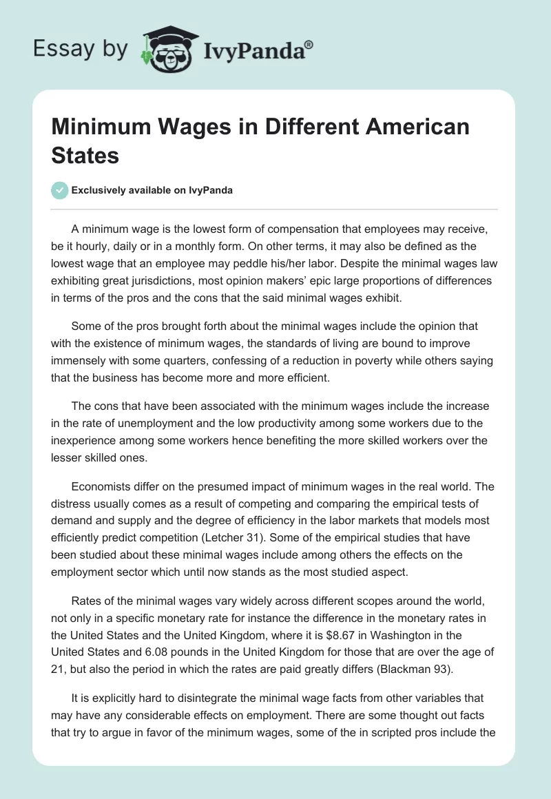 Minimum Wages in Different American States. Page 1