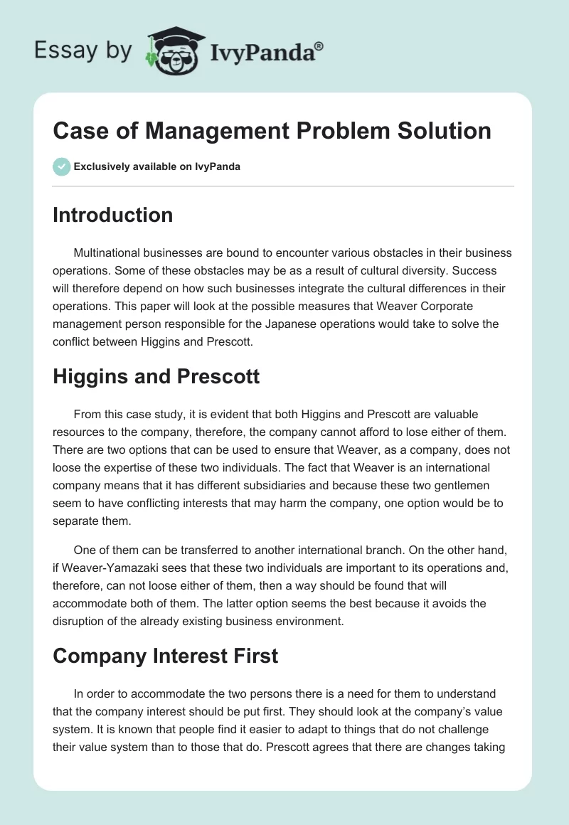 Case of Management Problem Solution. Page 1
