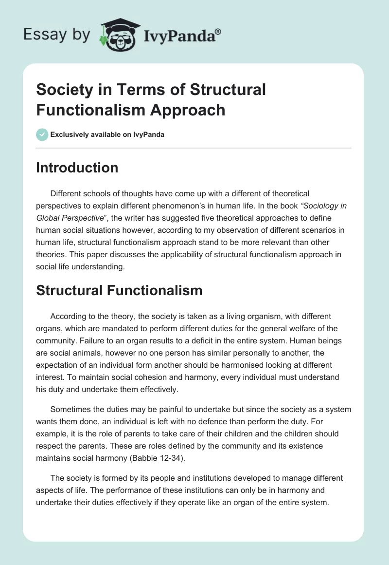 Society in Terms of Structural Functionalism Approach. Page 1