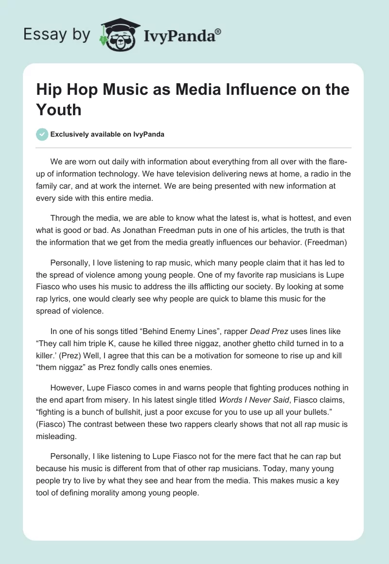 Hip Hop Music as Media Influence on the Youth. Page 1