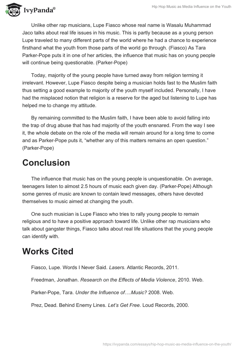 Hip Hop Music as Media Influence on the Youth. Page 2