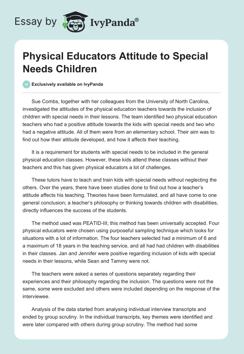 Physical Educators Attitude to Special Needs Children. Page 1