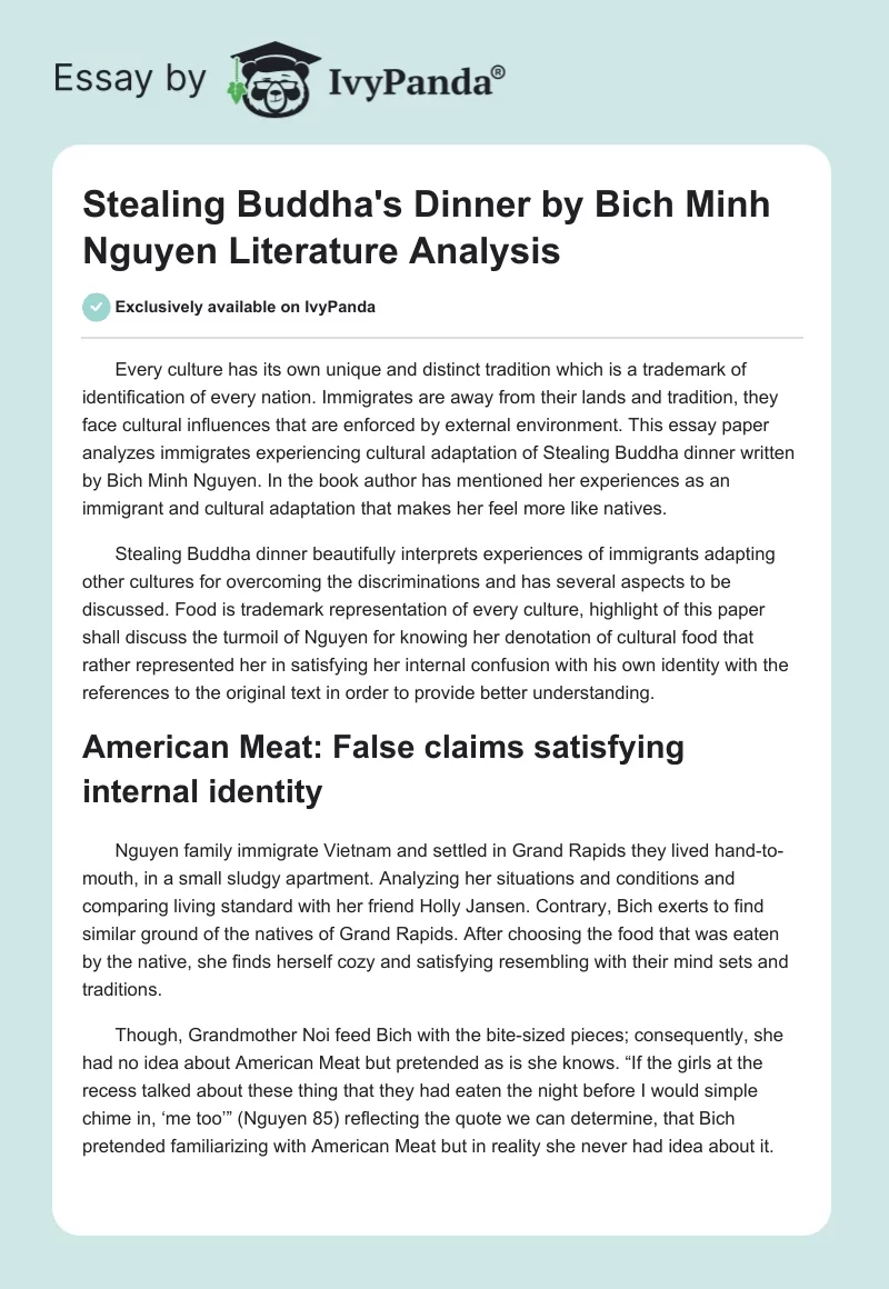 Stealing Buddha's Dinner by Bich Minh Nguyen Literature Analysis. Page 1