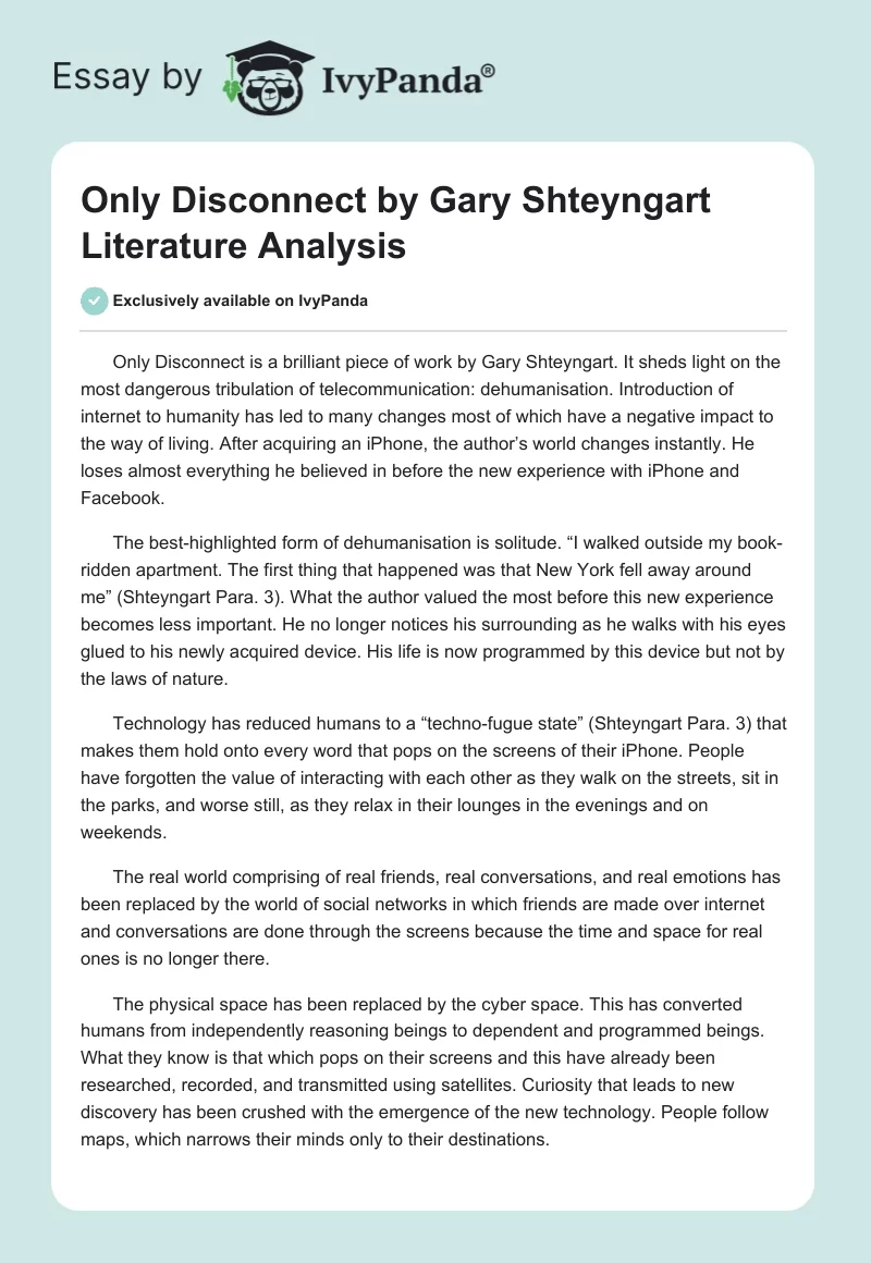 Only Disconnect by Gary Shteyngart Literature Analysis. Page 1