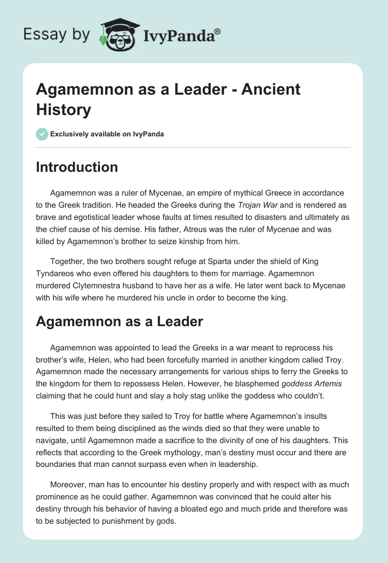 Agamemnon as a Leader - Ancient History. Page 1