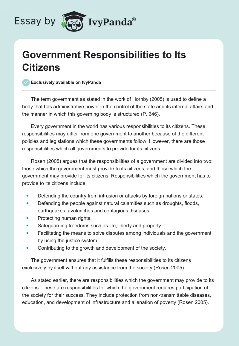 Government Responsibilities to Its Citizens. Page 1