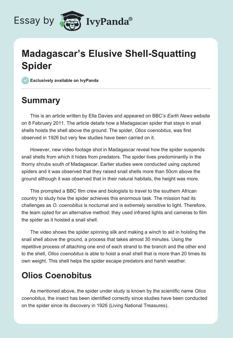 Madagascar’s Elusive Shell-Squatting Spider. Page 1