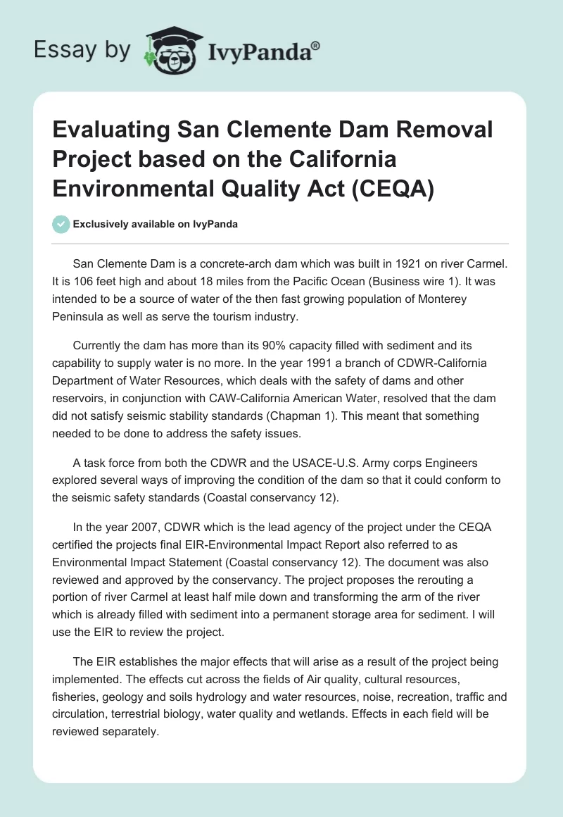 Evaluating San Clemente Dam Removal Project based on the California Environmental Quality Act (CEQA). Page 1