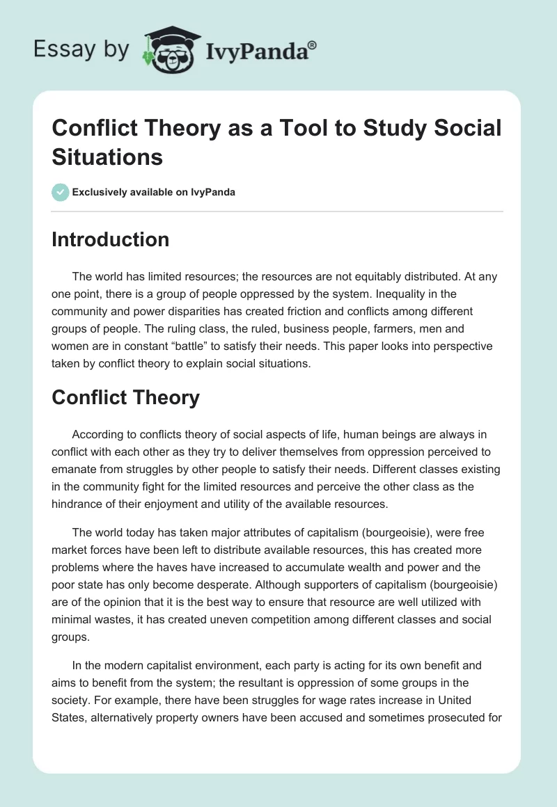 Conflict Theory as a Tool to Study Social Situations. Page 1