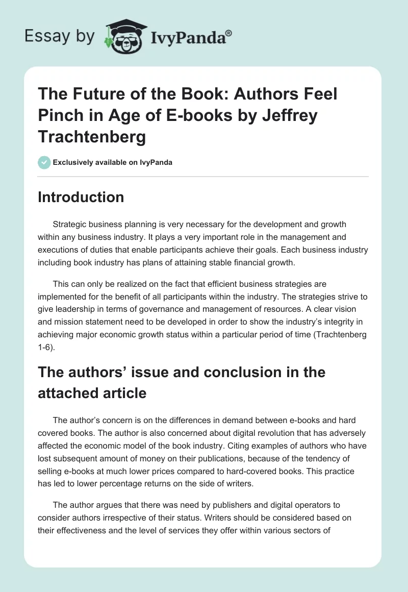 The Future of the Book: Authors Feel Pinch in Age of E-books by Jeffrey Trachtenberg. Page 1