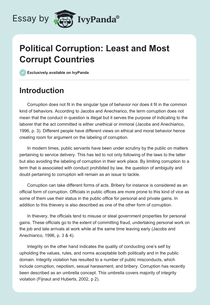 Political Corruption: Least and Most Corrupt Countries. Page 1