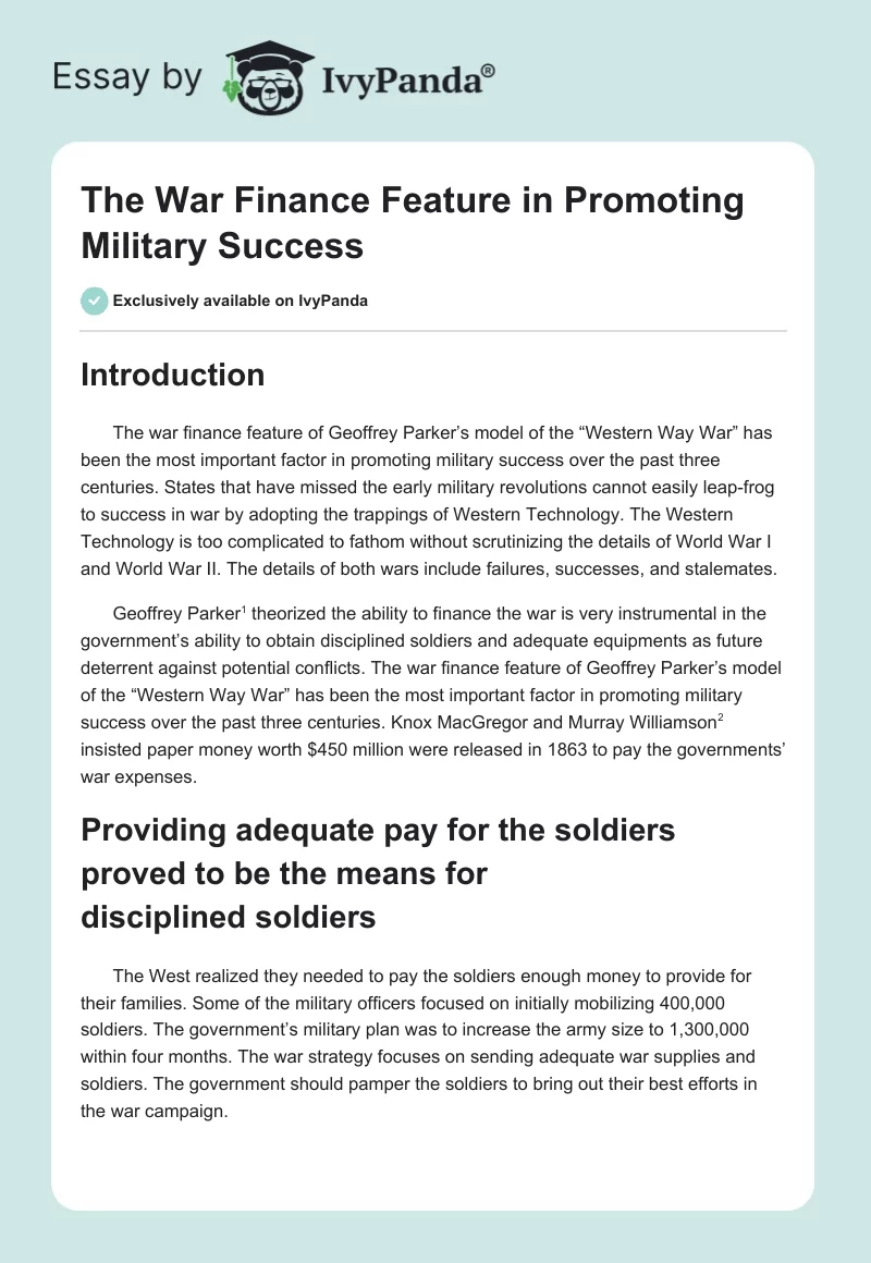 The War Finance Feature in Promoting Military Success. Page 1