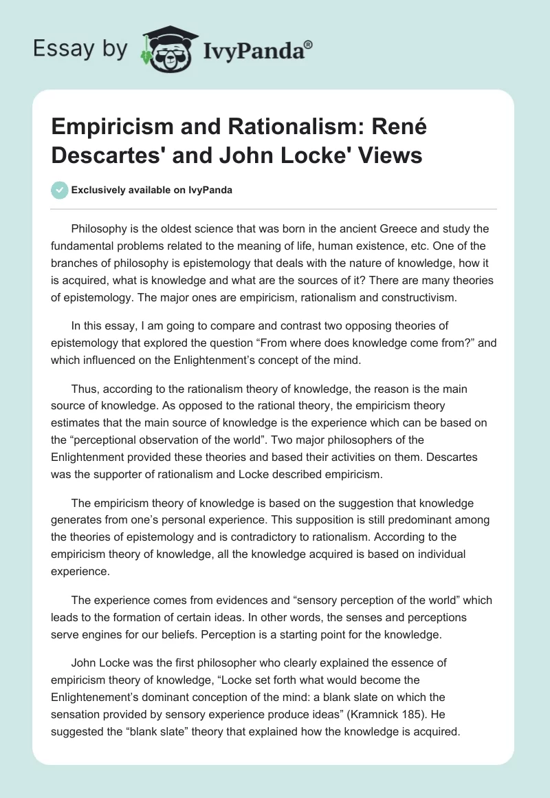 Empiricism and Rationalism: René Descartes' and John Locke' Views. Page 1