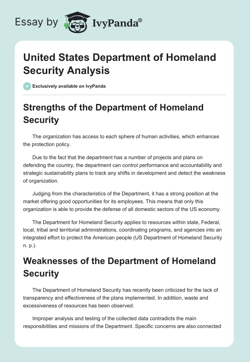 United States Department of Homeland Security Analysis. Page 1