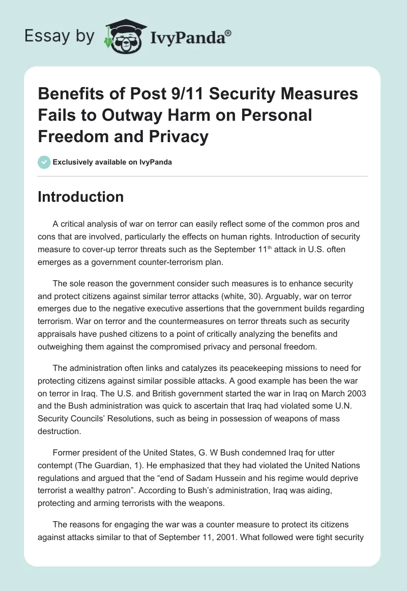 Benefits of Post 9/11 Security Measures Fails to Outway Harm on Personal Freedom and Privacy. Page 1