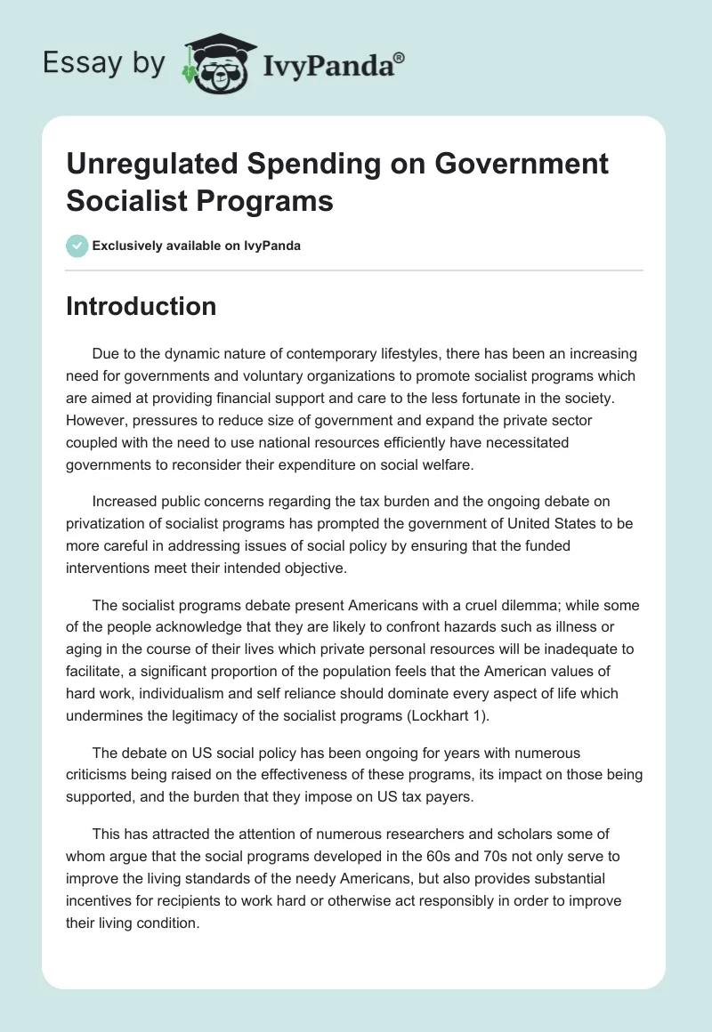 Unregulated Spending on Government Socialist Programs. Page 1