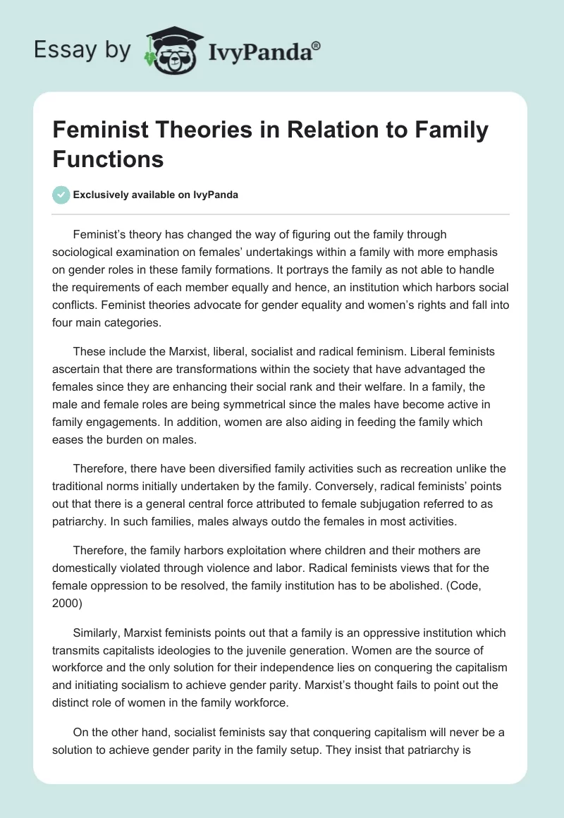 Feminist Theories in Relation to Family Functions. Page 1