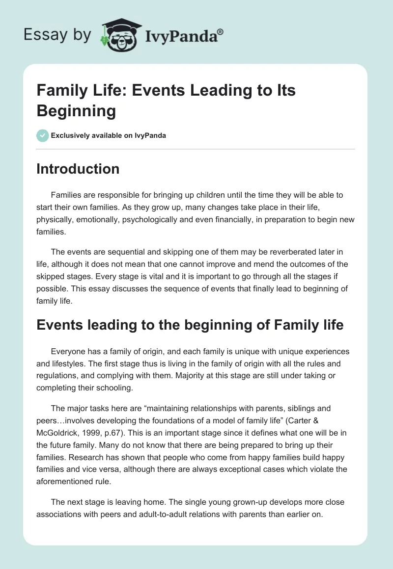 Family Life: Events Leading to Its Beginning. Page 1