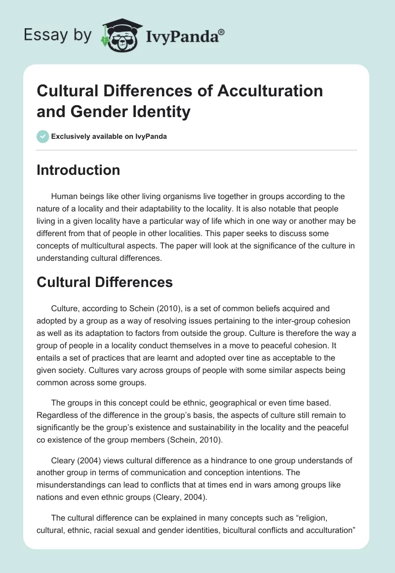 Cultural Differences of Acculturation and Gender Identity. Page 1