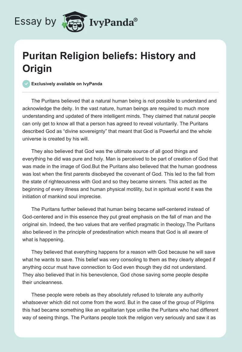 Puritan Religion beliefs: History and Origin. Page 1
