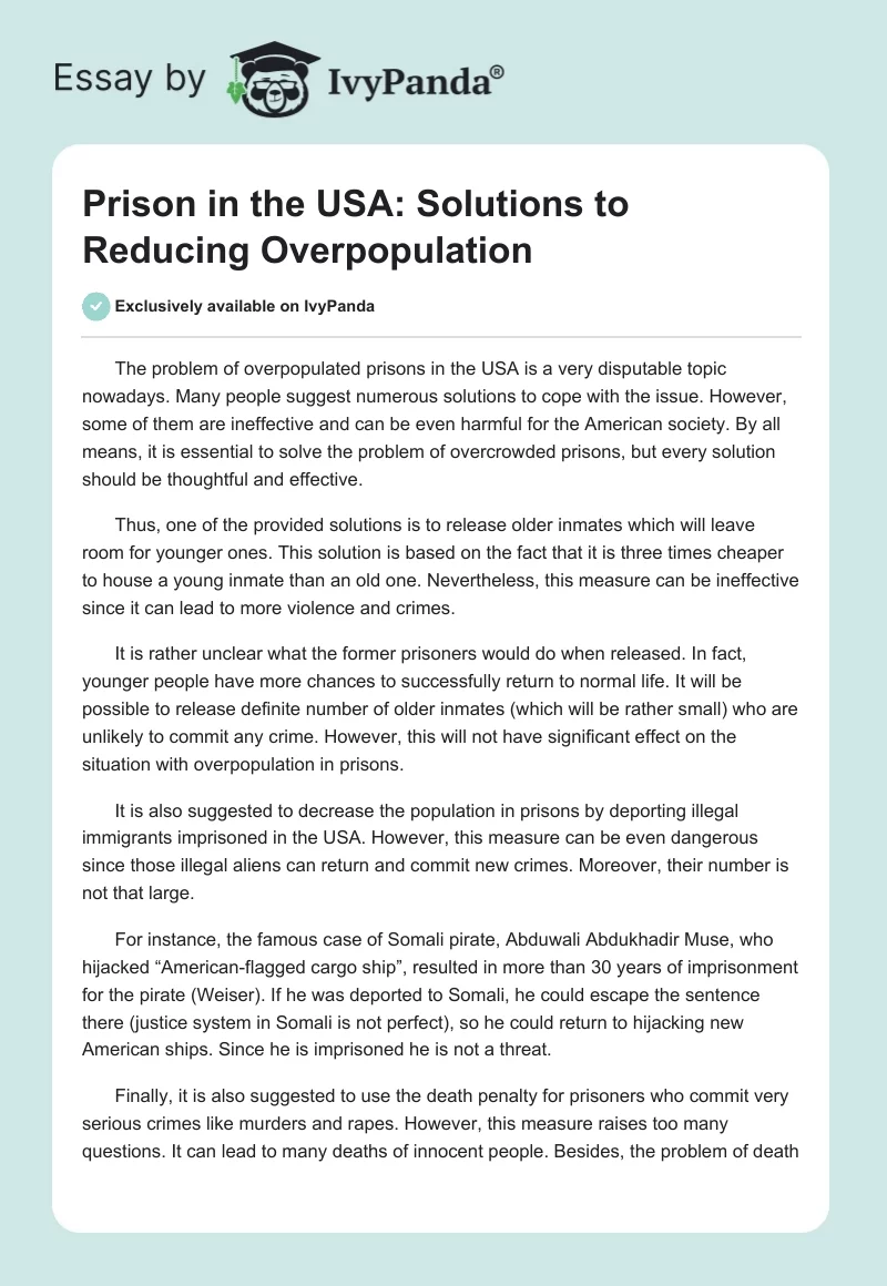Prison in the USA: Solutions to Reducing Overpopulation. Page 1
