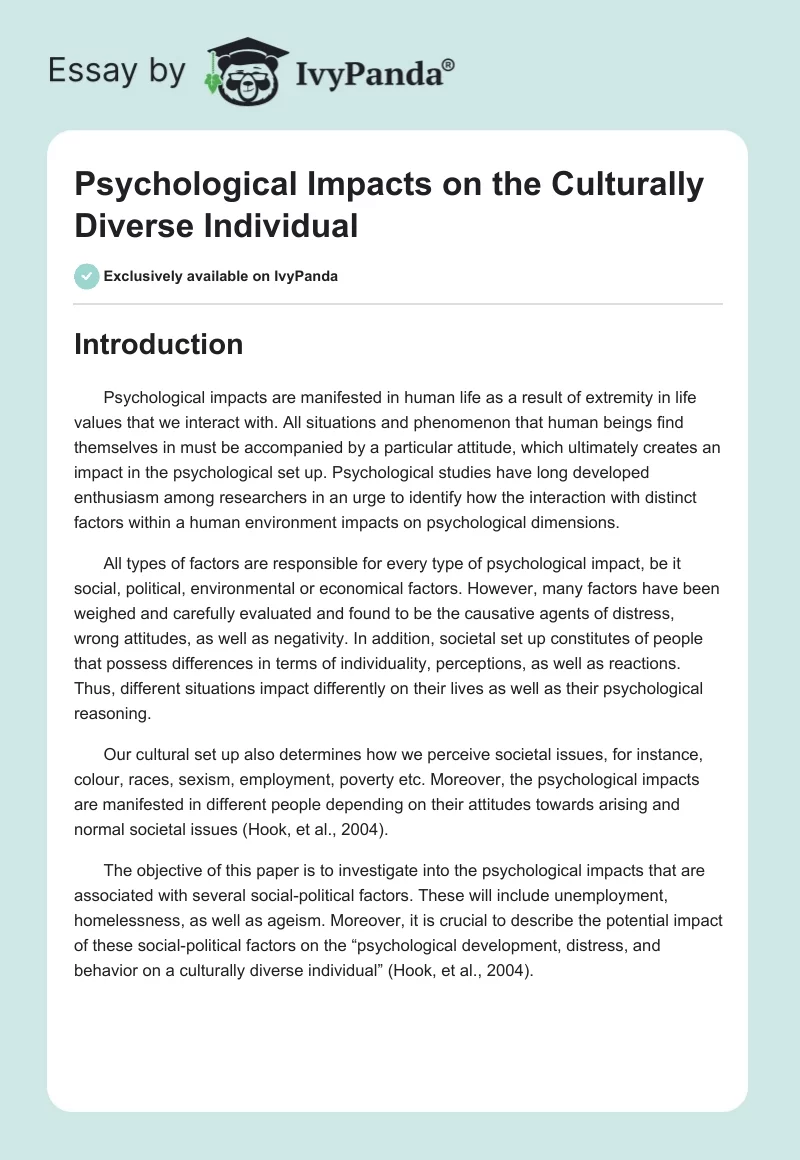 Psychological Impacts on the Culturally Diverse Individual. Page 1