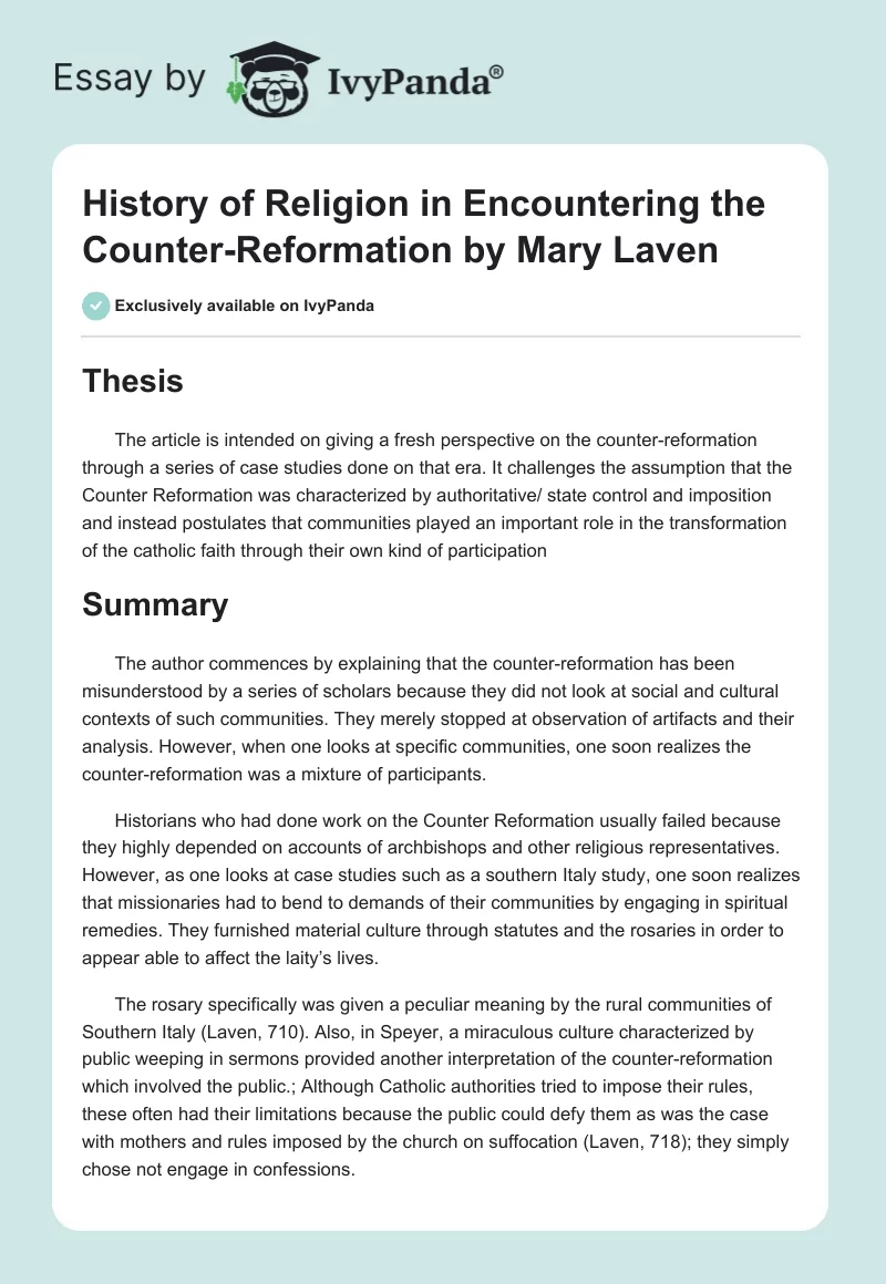 History of Religion in "Encountering the Counter-Reformation" by Mary Laven. Page 1