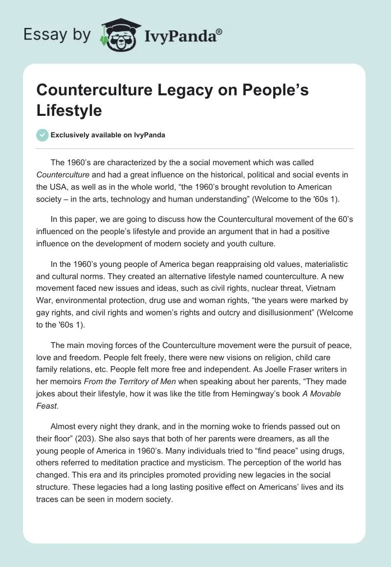 Counterculture Legacy on People’s Lifestyle. Page 1