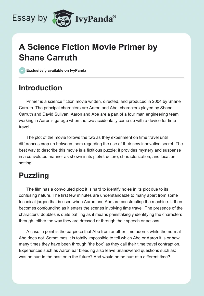 A Science Fiction Movie "Primer" by Shane Carruth. Page 1