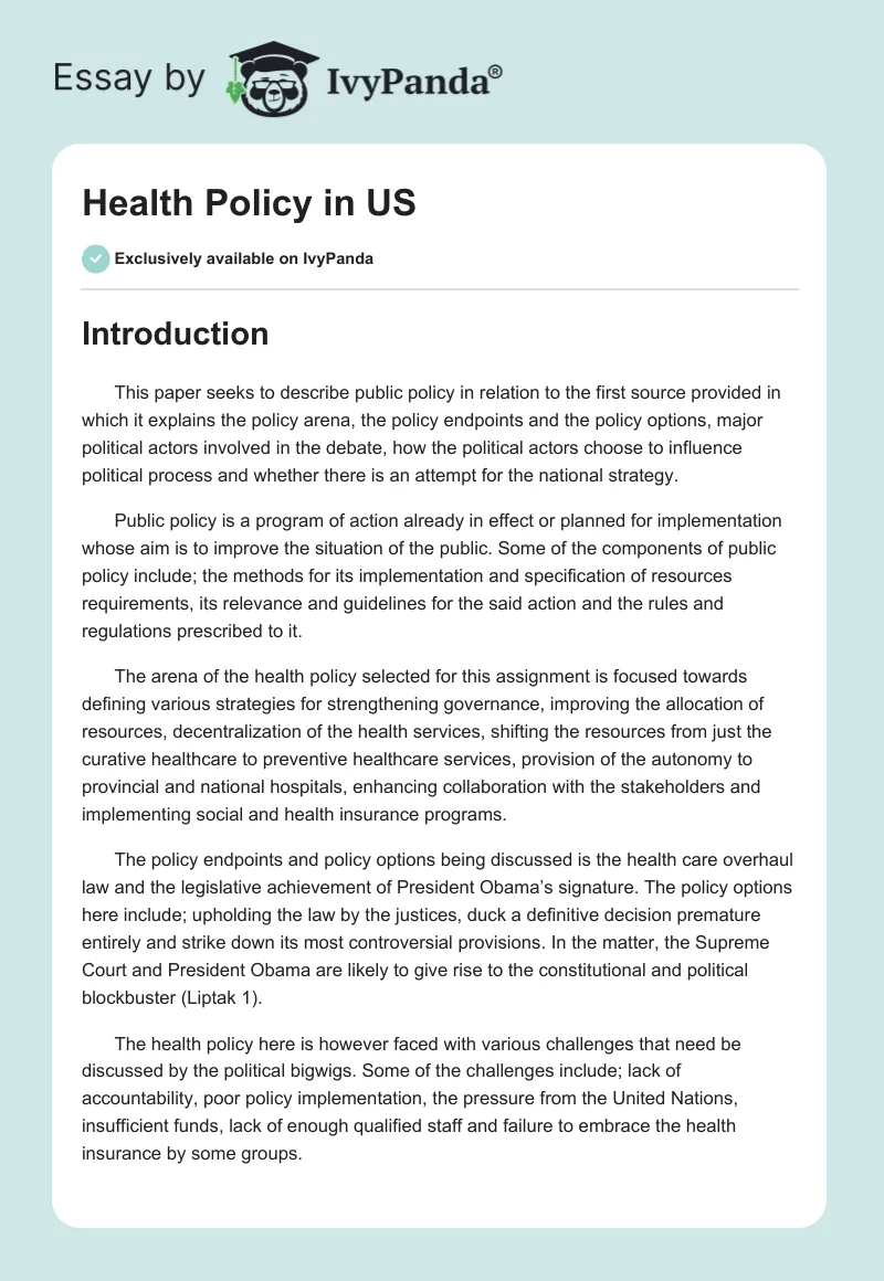 Health Policy in US. Page 1