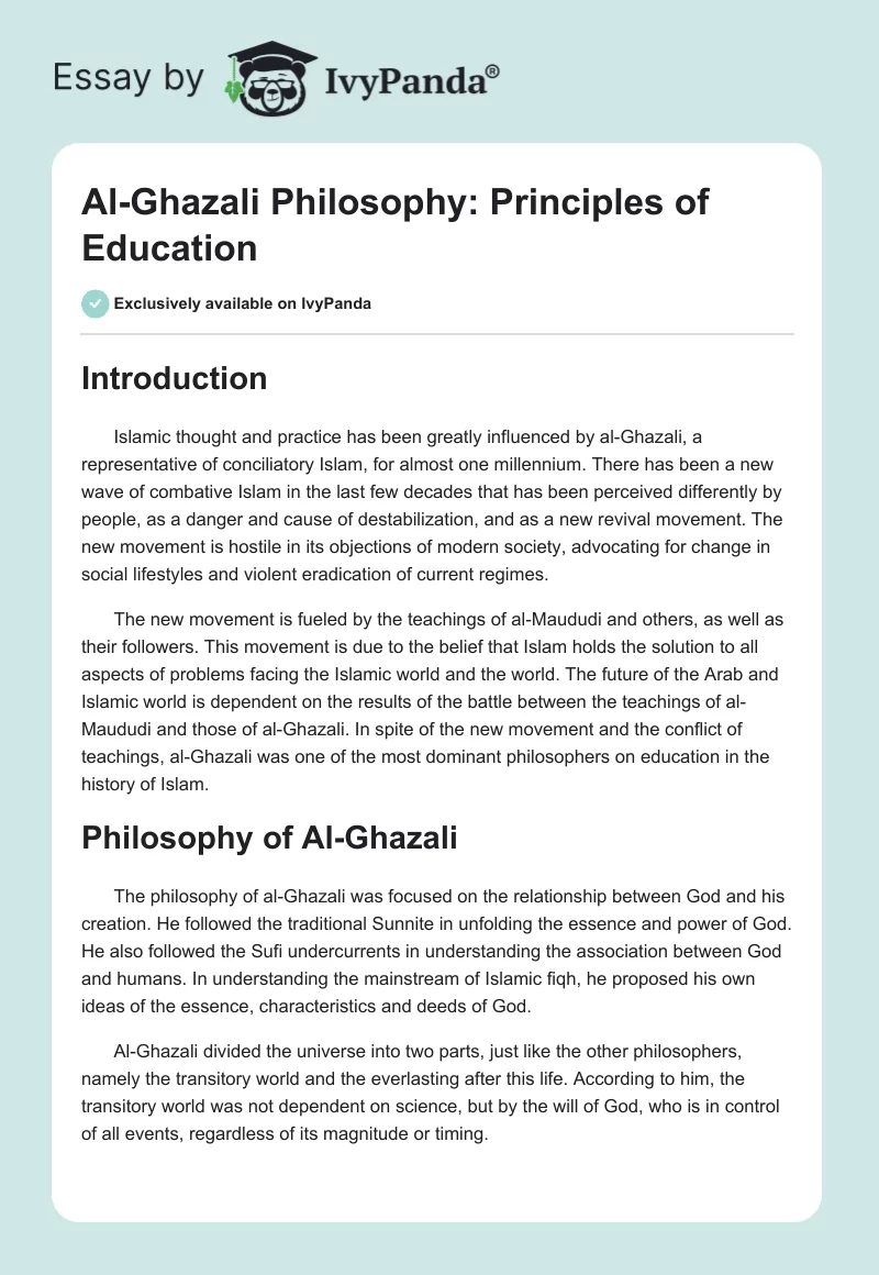 Al-Ghazali Philosophy: Principles of Education. Page 1