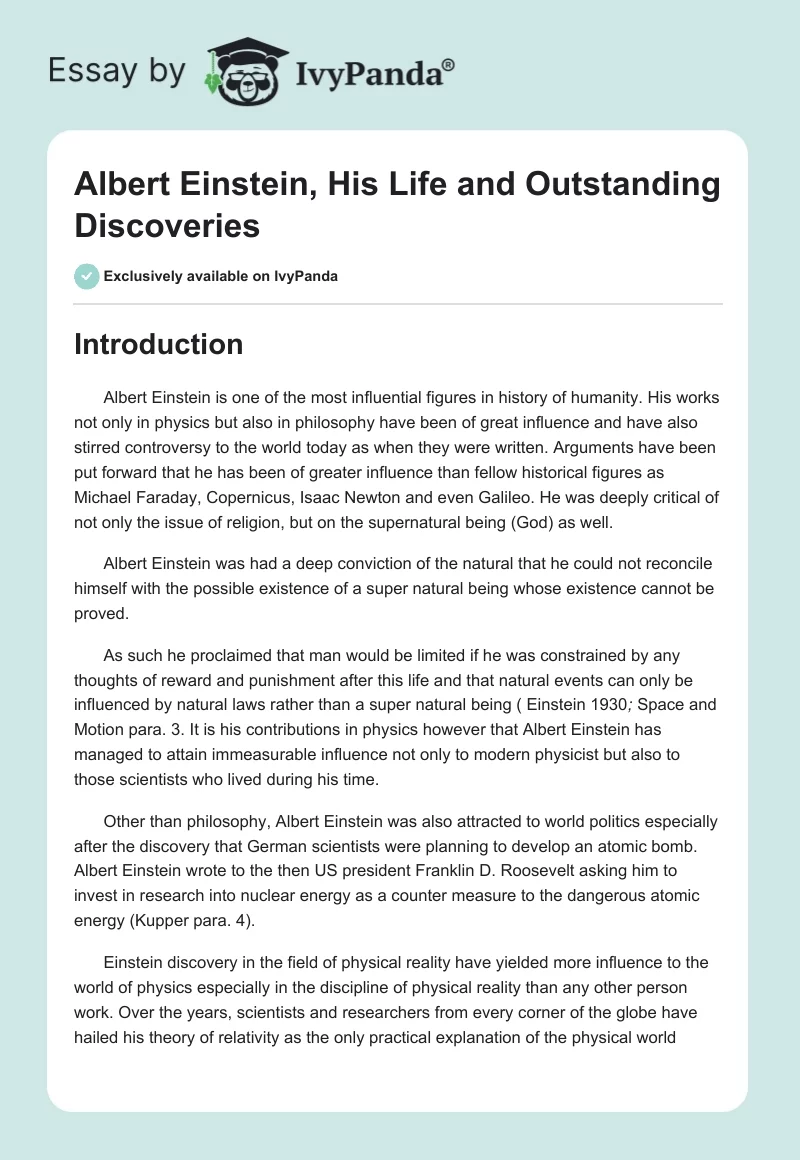 Albert Einstein, His Life and Outstanding Discoveries. Page 1