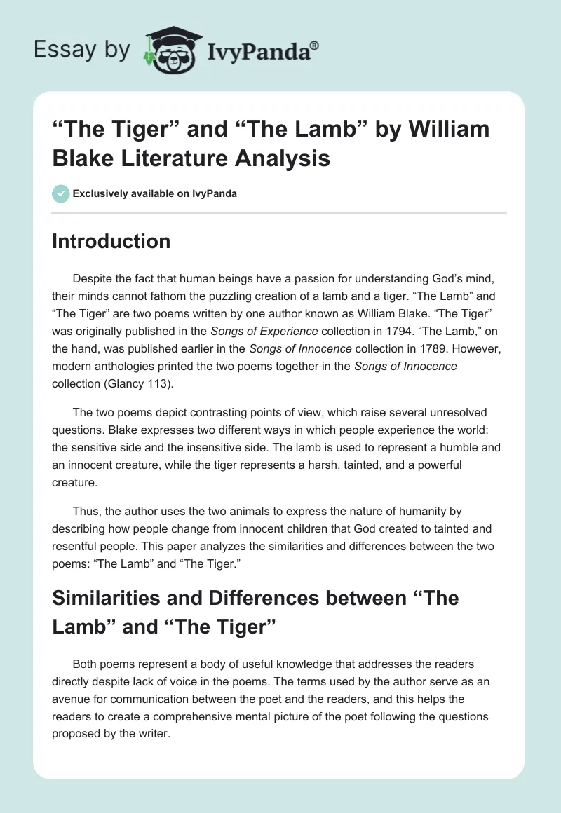 “The Tiger” and “The Lamb” by William Blake Literature Analysis. Page 1