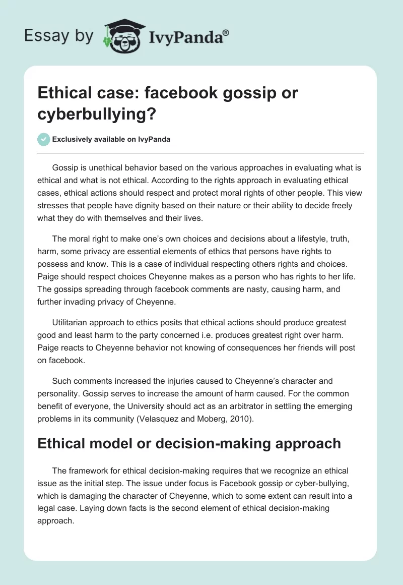 Ethical Case: Facebook Gossip or Cyberbullying?. Page 1
