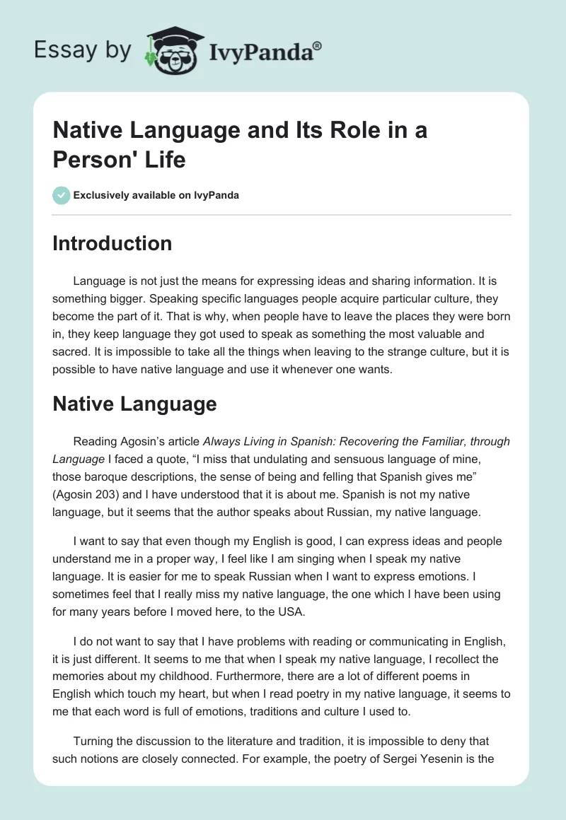 Native Language and Its Role in a Person' Life. Page 1