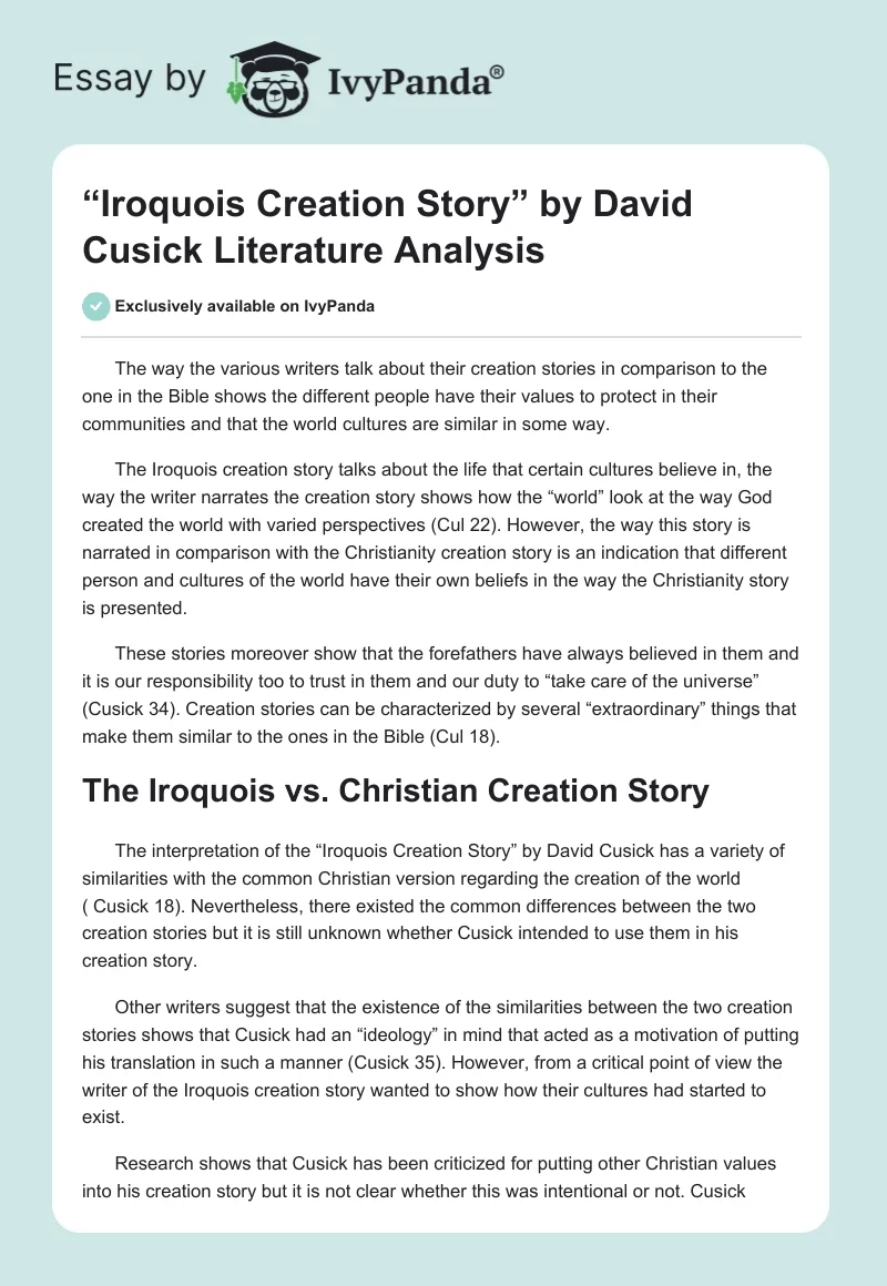 “Iroquois Creation Story” by David Cusick Literature Analysis. Page 1