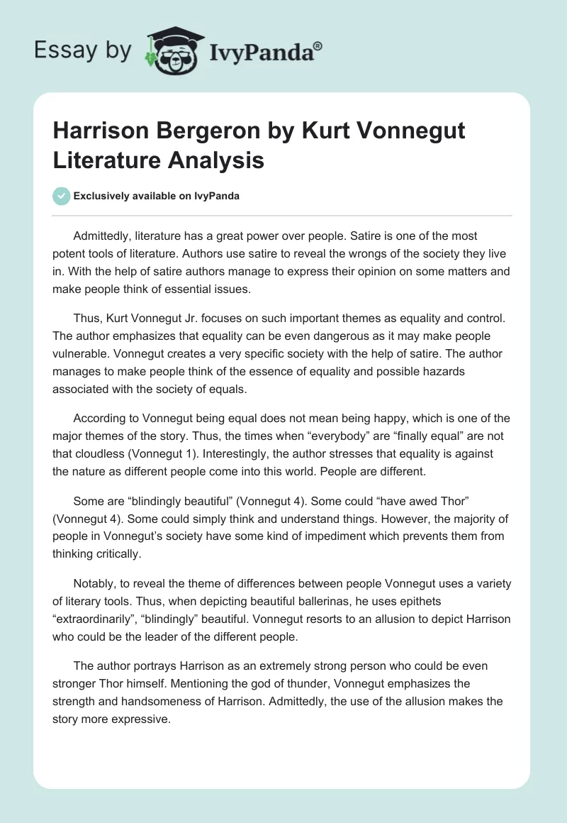 Harrison Bergeron by Kurt Vonnegut Literature Analysis. Page 1