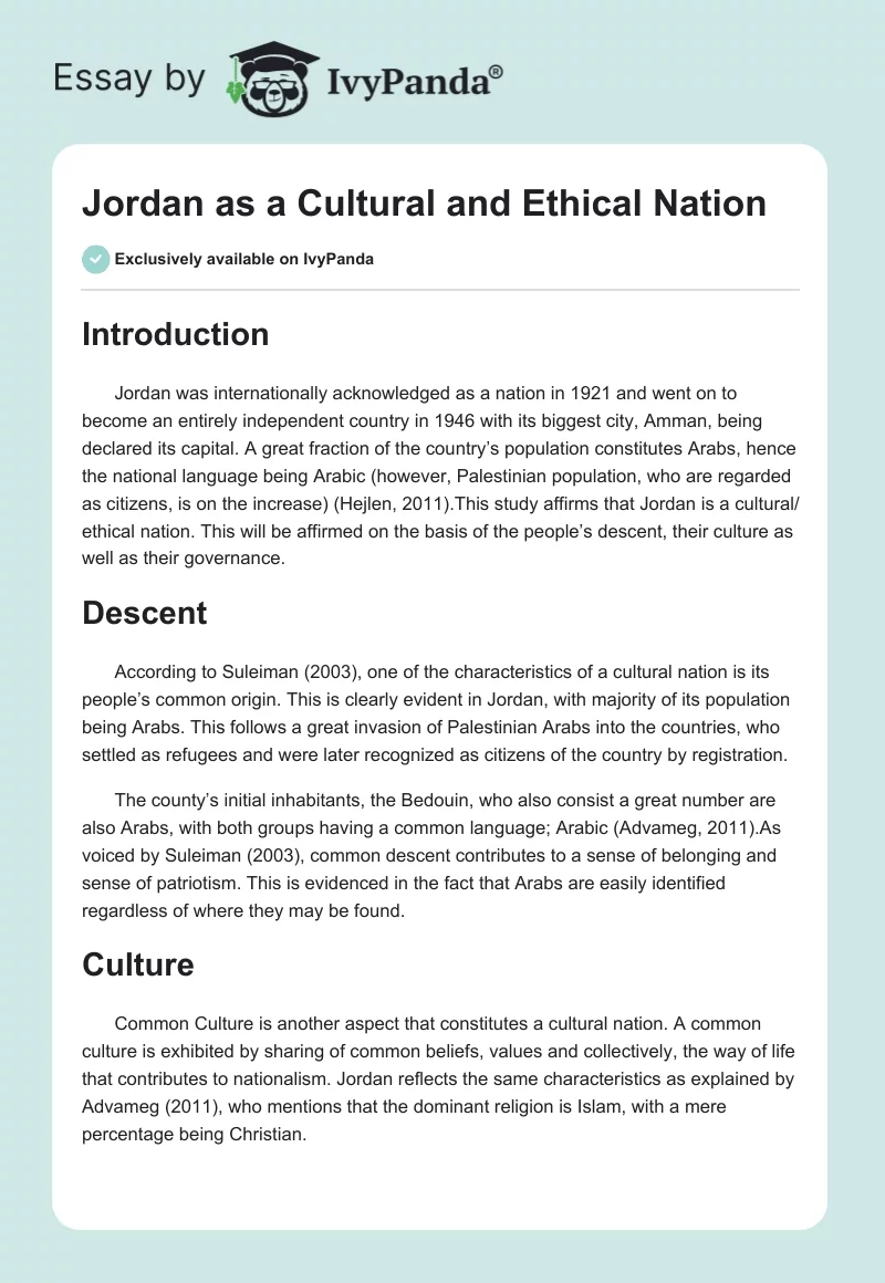 Jordan as a Cultural and Ethical Nation. Page 1