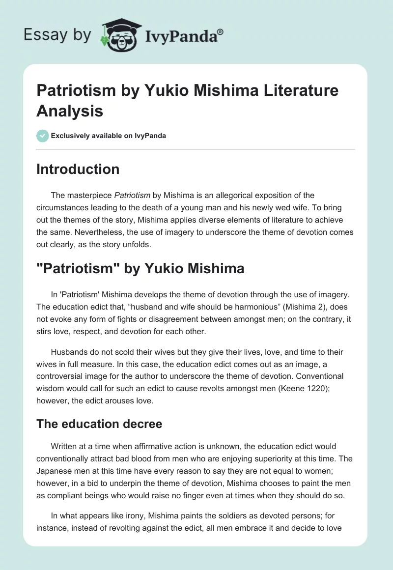 "Patriotism" by Yukio Mishima Literature Analysis. Page 1